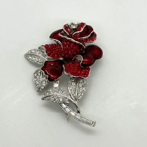 Vintage Nolan Miller Brooch First Lady Red Rose Nancy Regan Rhinestone Brooch - Picture 2 of 16